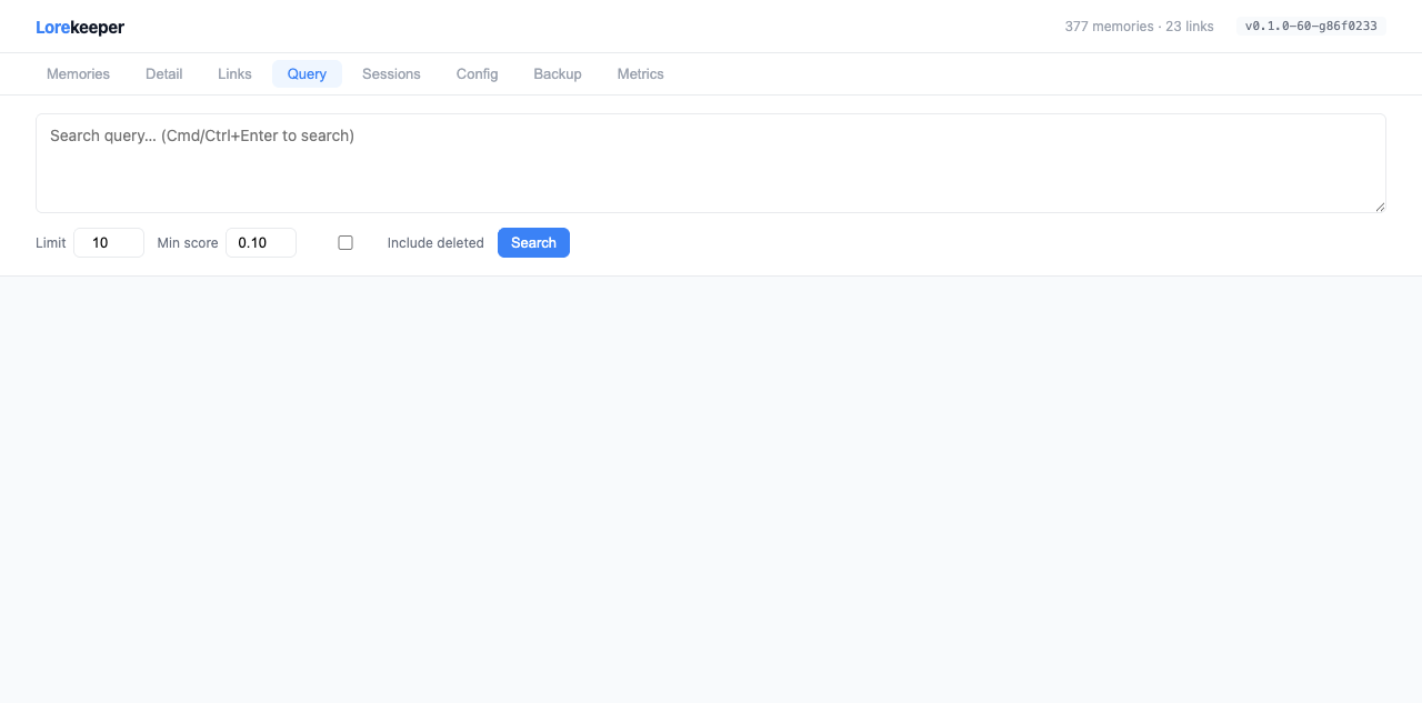 Lorekeeper Query tab — hybrid search with scores